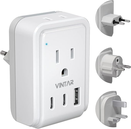 European Travel Plug Adapter Kit, VINTAR International Plug Adapter with 3 USB Ports (2 USB C,3.4A) 2 American Outlets, Type C,G,E/F Detachable Attachments, Adapter for US to UK Europe France Italy