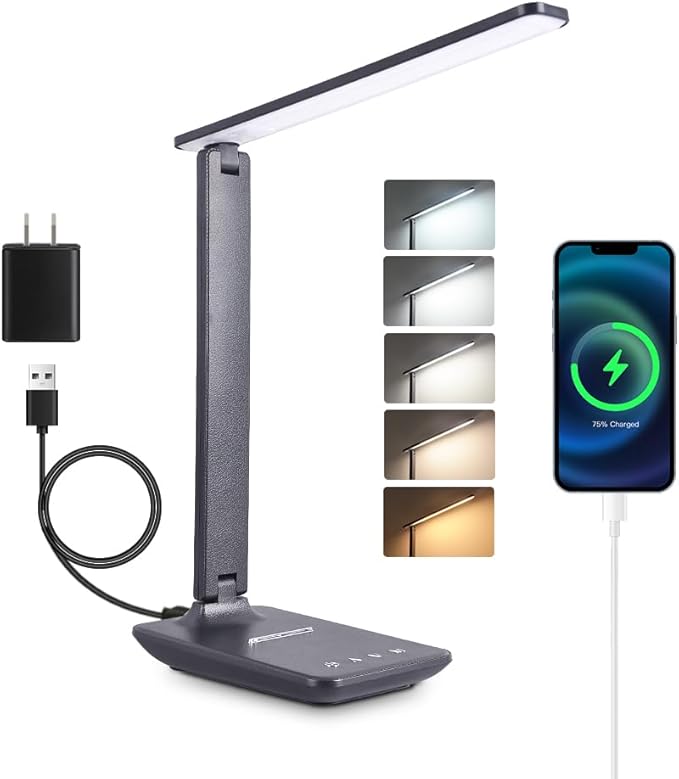 LED Desk Lamp for Home Office, USB Charging Port, Dimmable Table Lamp, Foldable Table lamp, Touch Control, 5 Lighting Modes, University Dormitory Eye Protection Learning Reading Lamp
