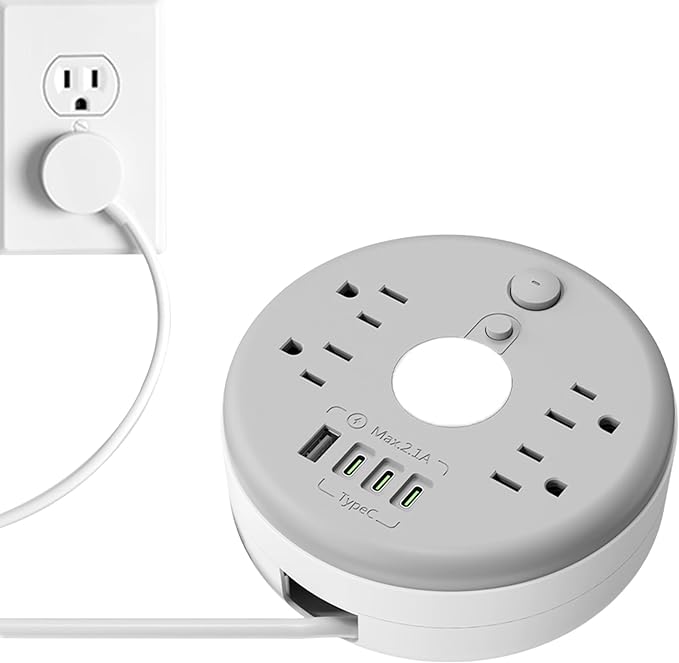 Power Strip Surge Protector with Night Light, 6FT Retractable Extension Cord, 4 AC Outlets, 1 Smart USB-A & 3 USB-C Ports, Portable Travel Power Strip for Home Office Dorm Hotel