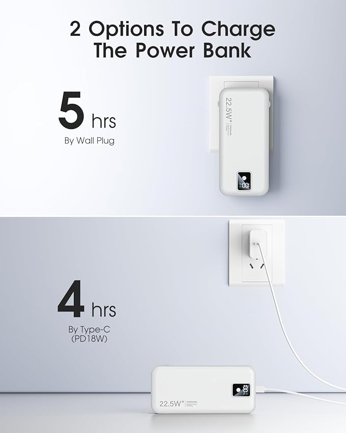 Portable Charger Built-in Cables and AC Wall Plug, 12000mAh power Bank, USB C 22.5W Fast charging Phone Charger ,Compact Lightweight External Battery Pack for iPhones, iPad, Samsung，Tablets, etc.