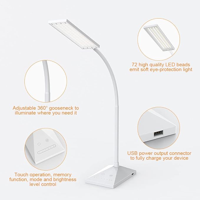 Vansuny LED Desk Lamp with USB Charging Port, Eye-Caring, 5 Color Modes,6 Brightness Levels, Touch Control, Flexible Gooseneck, Memory Function for Dorm Office Work Bedroom (12W,White)