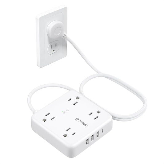 TROND Surge Protector Power Strip with USB Ports, 5ft Flat Plug Extension Cord with Multiple Outlets, 1440J, Wall Mount for Home Office Dorm Room Essentials, White