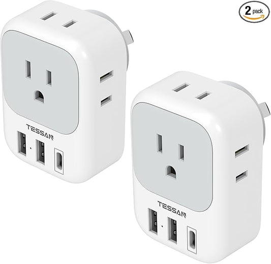 Australia Plug Adapter, TESSAN Australian Power Adaptor with 4 Outlets 3 USB Charging Ports (1 USB C), Type I Travel Plug for US to New Zealand China Argentina Fiji AU, 2 Pack