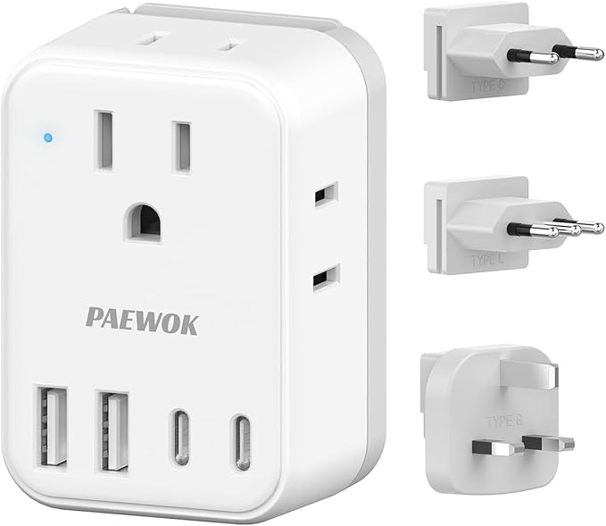 European Travel Plug Adapter USB C, US to EU/UK Plug Adapter- 4AC Outlets 4 USB Charger, International Power Adaptor kit Include Type G/C/L for American to England Italy France Germany Greece