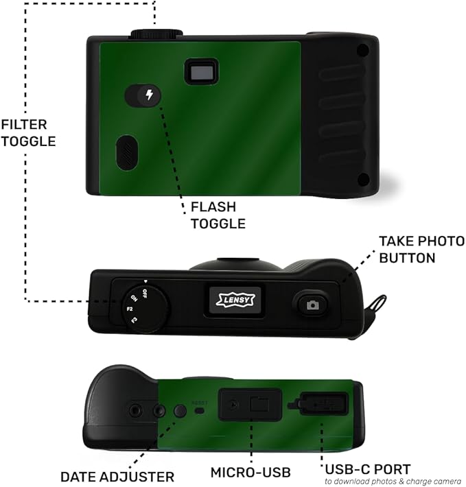LENSY Screen Free Digital Camera | Four Built in Filters | Rechargeable, 8mp, Lightweight, Focus-Free, Auto-Flash, Easy-to-Use, Reusable, Retro Film-Style Photos (Forest Green)