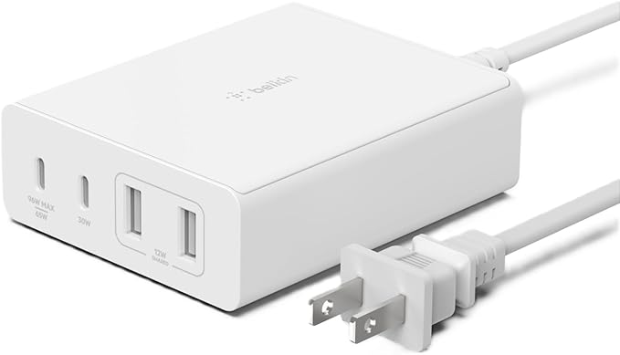 Belkin 4-Port Charger Block 108W - GaN Charger, Multi-Port w/ USB-C PD Fast Charge & USB-A Ports for Apple MacBook, iPhone 17, Samsung Galaxy S25, Google Pixel 10, Nintendo Switch 2 & More - White