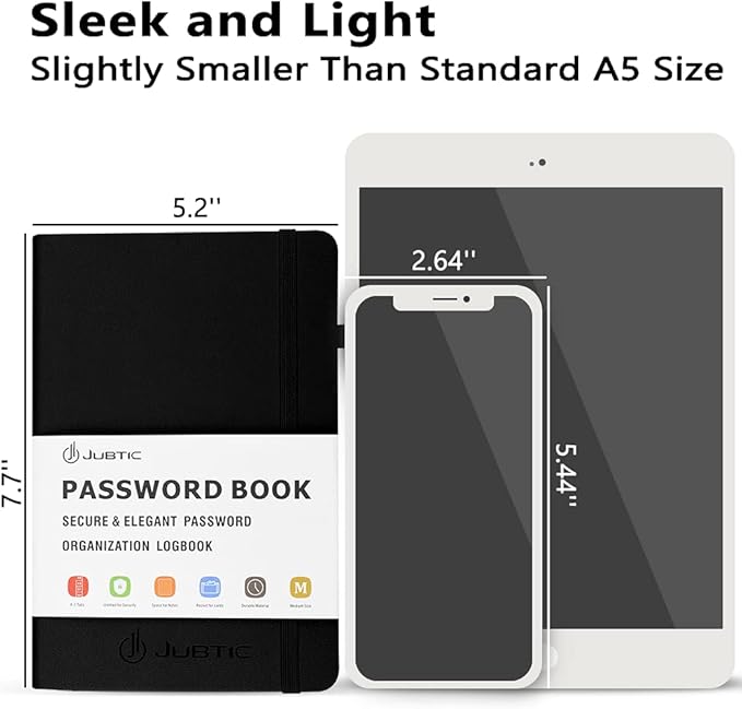 JUBTIC Password Book with Alphabetical Tabs Medium Size Password Keeper Logbook for Internet Log in Website Address Detail. Hardcover Password Notebook Journal & Organizer for Home Office, Black