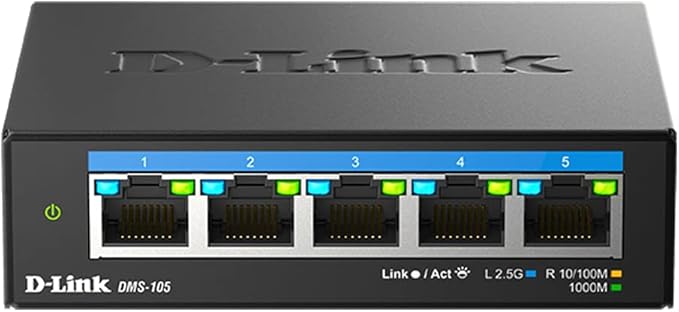 D-Link 5-Port 2.5GB Unmanaged Gaming Switch with 5 x 2.5G - Multi-Gig, Network, Fanless, Plug & Play (DMS-105),Black