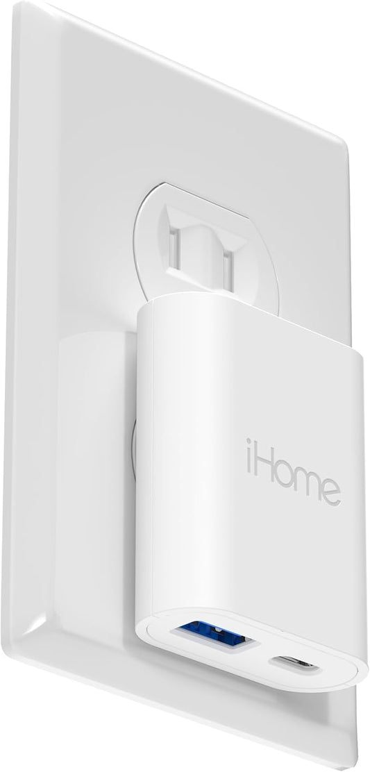 iHome USB C Charger: AC Pro 20W Multiport (1 USB-C Port, 1 USB-A Port), Flat USB Block, Dual Port USB Plug Adapter & Phone Charging Block