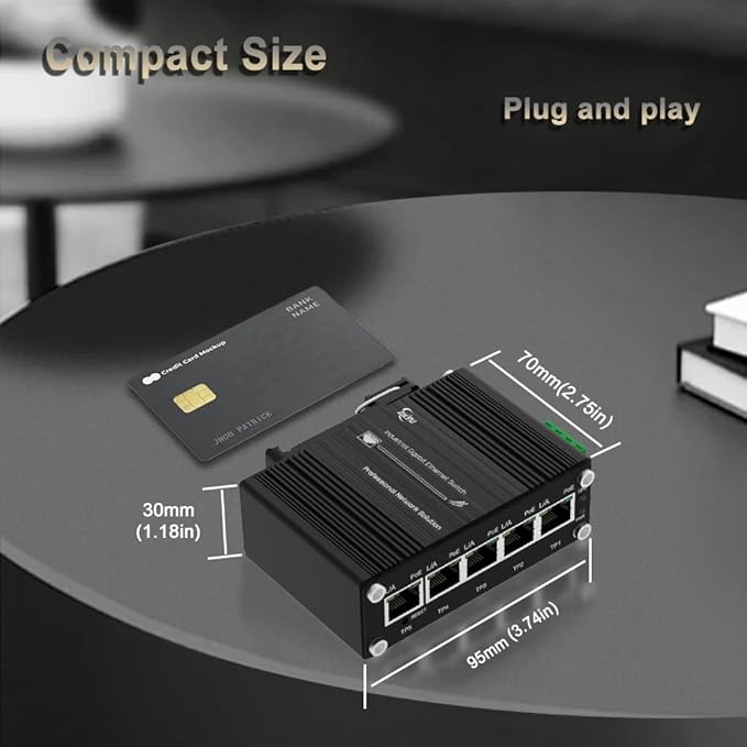 Mini Industrial Managed 5 Port Gigabit PoE Switch, IEEE 802.3af/at 120W Total PoE Budget, Smart Web Management with QoS, VLAN, Port Mirroring & Loop Detection, Rugged Industrial Design -40°C to 80°C
