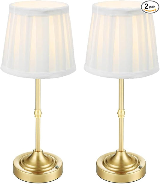 Cordless Lamp, Rechargeable Battery-Operated Lamp with Fabric Lampshades, 2 Pack Dimmable Desk Lamps for Kitchen, Bedroom, Living Room, Nightstand, Balcony, Home Décor (Gold-Pleated)