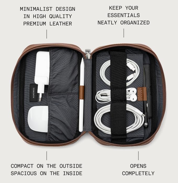 Leather Tech Organizer Nordweg NWA05 - Handcrafted Full-Grain Electronics Travel Case – Premium Leather Pouch for Cables, Chargers & Accessories – Essential Gift for Men & Women, Work & Travel - Brown