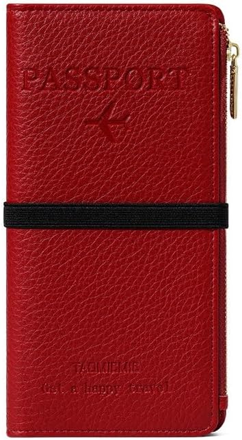 DOB SECHS Leather Passport Holder, RFID Blocking Passport Wallet Credit Cards Case for Women, Travel Accessories Organizer Pouch Bag with ID Window+Zippered Cash Pocket+SIM Slots, Red