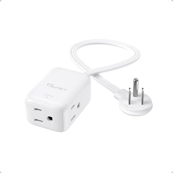Flat Extension Cord Short 3ft, ETL Listed, NUTICT Indoor 3 Prong Extension Cord with 900J Surge Protector, 13A/16 AWG, Left Angle Flat Wall Plug, Small Outlet Extender for Kitchen Bathroom, White