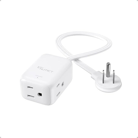 Flat Extension Cord Short 3ft, ETL Listed, NUTICT Indoor 3 Prong Extension Cord with 900J Surge Protector, 13A/16 AWG, Left Angle Flat Wall Plug, Small Outlet Extender for Kitchen Bathroom, White