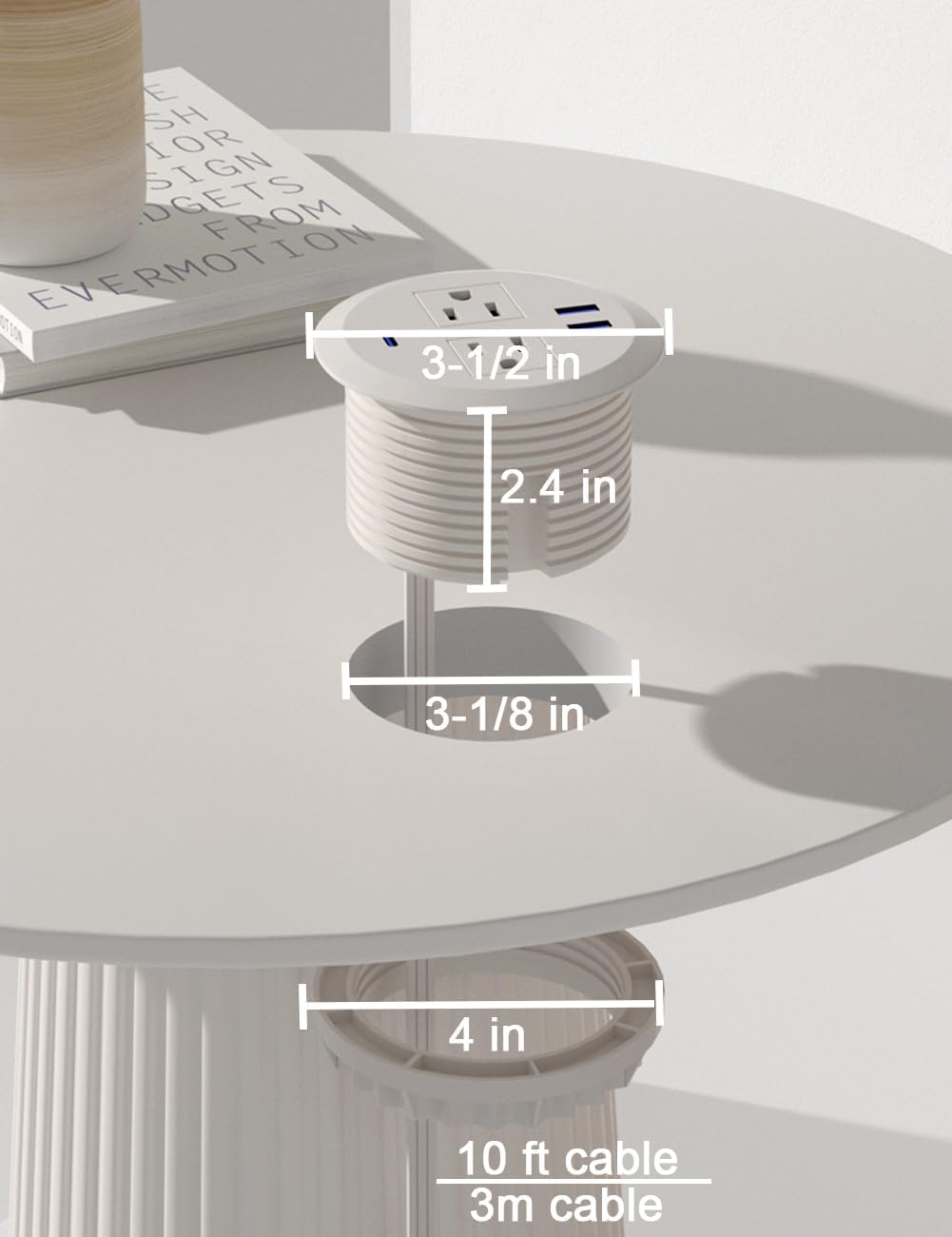 3 Inch Power Grommet,10ft Cord,20W USB C Fast Charging Station,3 USB Ports,Flush Mount.Round Recessed Power Center Desk Hole Grommet Outlet for Workspace,Couch,White