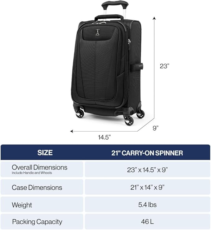 Travelpro Maxlite 5 Softside Expandable Carry on Luggage with 4 Spinner Wheels, Lightweight Suitcase, Men and Women, Black, Carry On 21-Inch