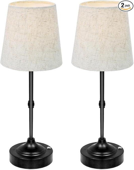 Cordless Lamp, Rechargeable Battery-Operated Lamp with Fabric Lampshades, 2 Pack Dimmable Desk Lamps for Kitchen, Bedroom, Living Room, Nightstand, Balcony, Home Décor (Black)