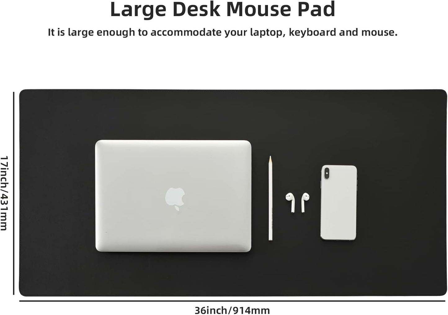 Leather Desk Pad,Wolaile 36x17 inch Large Mouse Pad,Waterproof Non-Slip Writing Desk Blotter,Computer Mat Desktop Protector for Office Home,Black