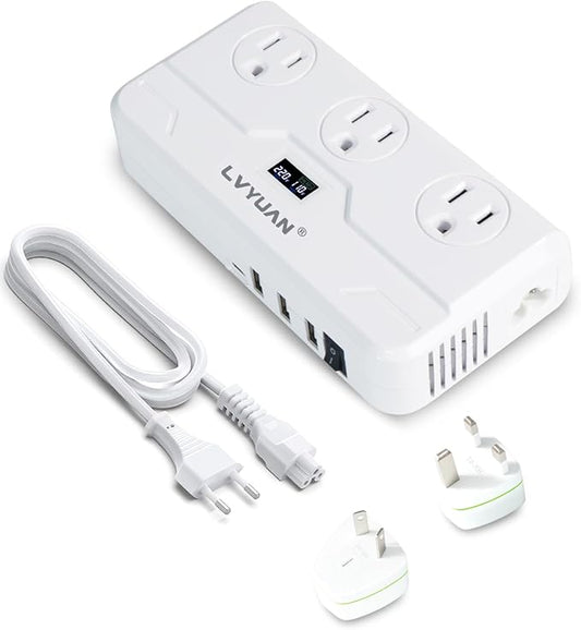 220V to 110V Voltage Converter with LCD Display, LVYUAN Universal Travel Adapter with UK/EU/AU Power Plug Adapter, Step Down Transformer for Hair Straightener Curling Iron CPAP (White)