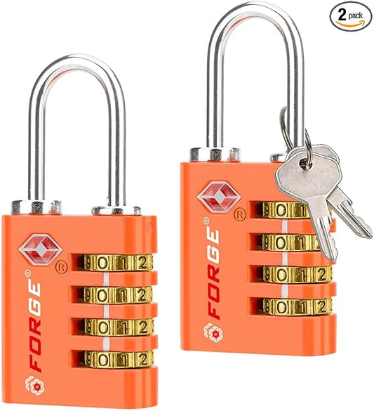 Forge Dual-Opening: Key or Combination Access Lock, TSA Approved Locks for Luggage, Pelican case, Travel, Gym, School, Stainless Steel Shackle.(Orange, 2 Pk)