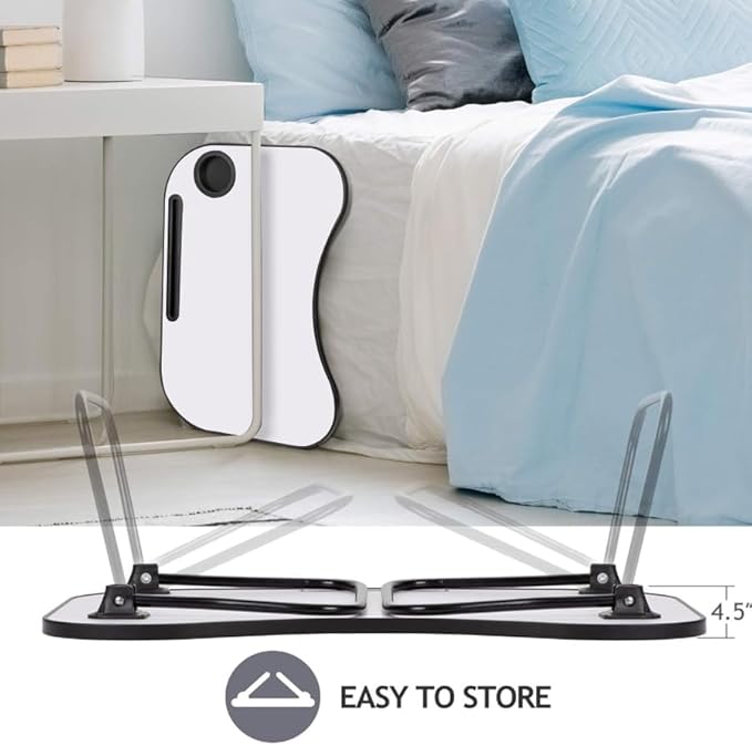 【LuckyNote】 Portable Laptop Desk, Gray and White Matte Metal and Wood Construction, Foldable Design with Cup Holder, 26.5 x 18.5 Inches, for Bed, Car, Couch, Home Use