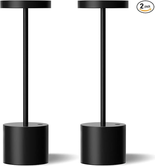 Cordless Table Lamp, 4000mAh Rechargeable Battery Powered Lamps, 3 Color Stepless Dimming, LED Wireless Outdoor Lamps for Dining Room, Bedroom, Bar, Cafe, Restaurant, Patio, Camping, Set of 2- Black