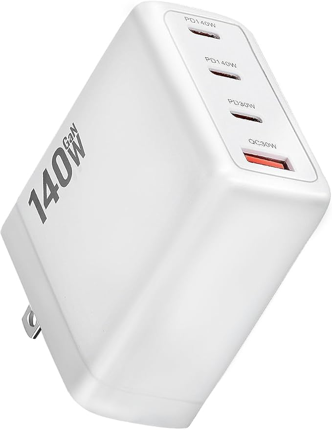 140W USB C Charger, 4-Port Foldable Compact Fast Laptop Charger Power Adapter, Advanced GaN Wall Charger, Compatible for MacBook Pro/Air, iPad Pro, iPhone 16, Galaxy S25, Steam Deck, and More (White)