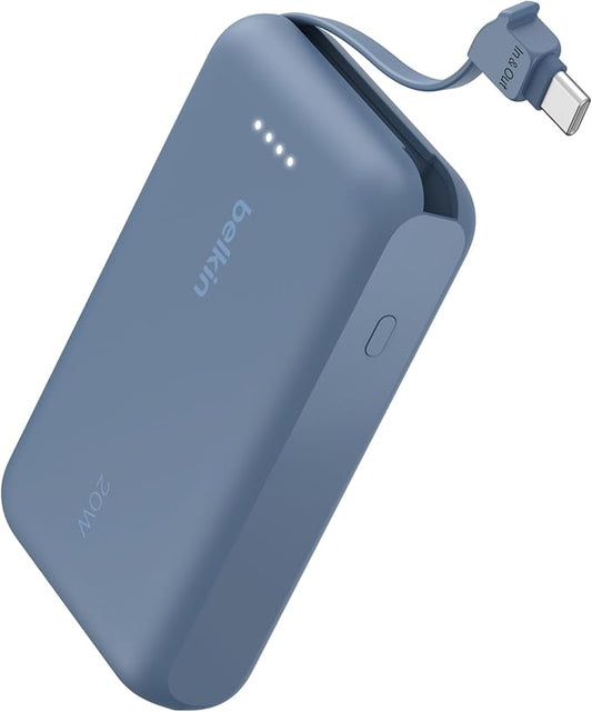 Belkin Portable Charger, Portable Power Bank with Integrated Cable 10000 mAh 20W - Fast Charge USB C Power Delivery, iPhone Charger - iPhone 17, Air, Pro, Pro Max, iPad, Galaxy S25, & More - Blue