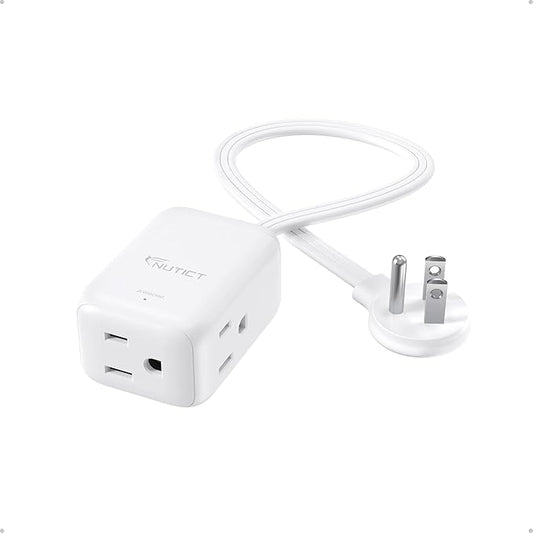 Flat Extension Cord Short 3ft, ETL Listed, NUTICT Indoor 3 Prong Extension Cord with 900J Surge Protector, 13A/16 AWG, Right Angle Flat Wall Plug, Small Outlet Extender for Kitchen Bathroom, White