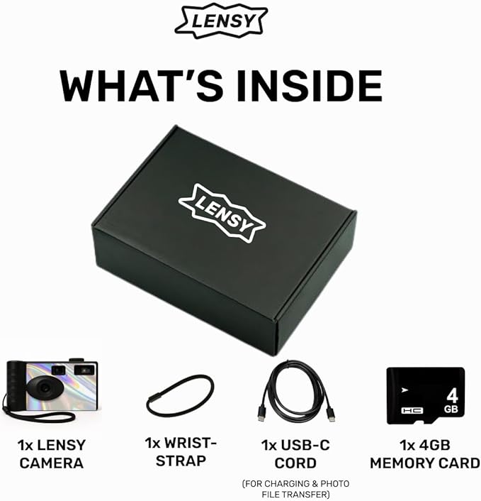 LENSY Screen Free Digital Camera | Four Built in Filters | Rechargeable, 8mp, Lightweight, Focus-Free, Auto-Flash, Easy-to-Use, Reusable, Retro Film-Style Photos (Holographic)