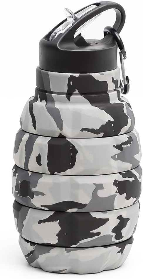 QiCheng&LYS Collapsible Water Bottle – Reuseable BPA Free Silicone Travel Water Bottle Collapsible Very Suitable for Sport Hiking, Camping and Outdoortravel -19.5oz/580ML（Camouflage light grey）