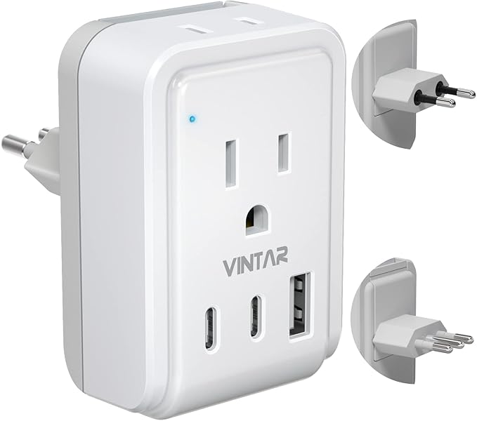 European Travel Plug Adapter Kit, VINTAR International Plug Adapter with 3 USB Ports (2 USB C, 3.4A) 2 American Outlets, Type L,C Detachable Attachments, Adapter for US to Chile Germany France Italy