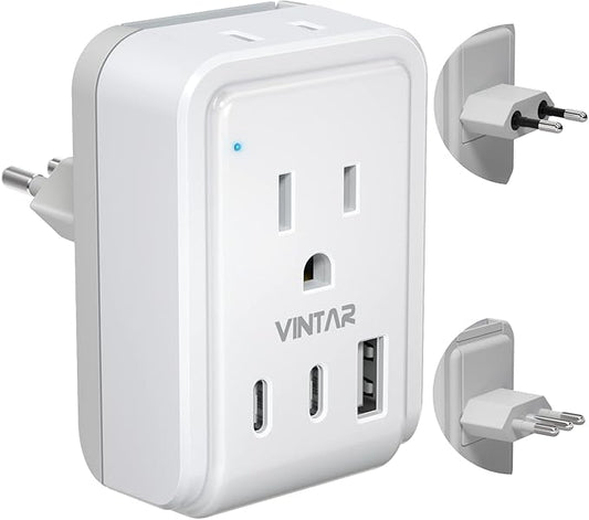 European Travel Plug Adapter Kit, VINTAR International Plug Adapter with 3 USB Ports (2 USB C, 3.4A) 2 American Outlets, Type L,C Detachable Attachments, Adapter for US to Chile Germany France Italy