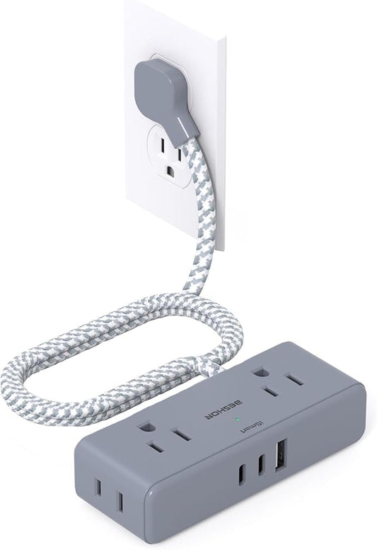 Flat Plug Power Strip 6 feet, 4 Widely Outlets with 3 USB Ports (2 USB C), 3 Side Outlet Extender with Extension Cord with Multiple Outlets for Home, Office, Dorm Room Essentials Gray