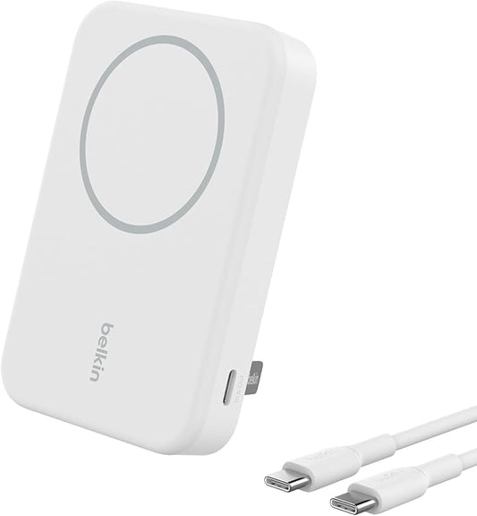 Belkin Portable Charger, Wireless Power Bank 15W 8000 mAh w/ Qi2 - MagSafe Charger w/Built-in Pop-up Kickstand - Compatible w/iPhone 17, Air, Pro, Pro Max, Google Pixel 10, etc. - White