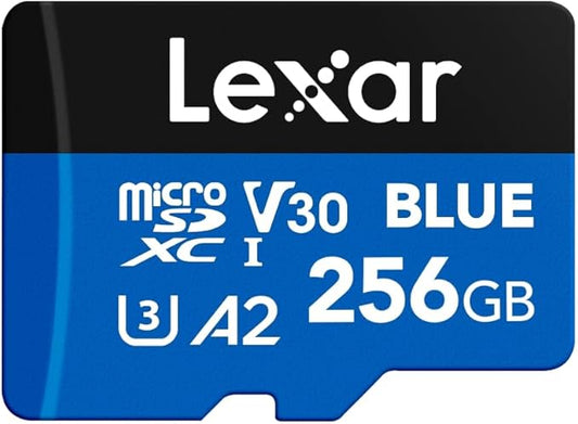 Lexar 256GB Blue Micro SD Card Up to 160MB/s, microSDXC UHS-I Memory Card with SD Adapter, C10, U3, A2, V30, Full HD, 4K UHD, High Speed TF Card