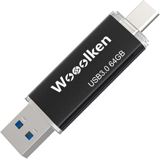 USB C Flash Drive 64GB, Wooolken USB 3.0 Dual Drive Type-C Flash Drive OTG Thumb Drive Compatible with iPhone 16/15, Android Smartphone/Tablets/Computers/Laptop (Black)