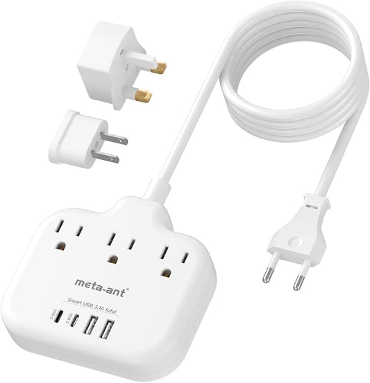 European Travel Plug Adapter, International Power Adapter, US to UK Europe Power Strip for EU/UK/US with 3 AC Outlets & 4 USB(2 USBC), 5ft Extension Cord, Type C for EU UK Europe Germany France, White