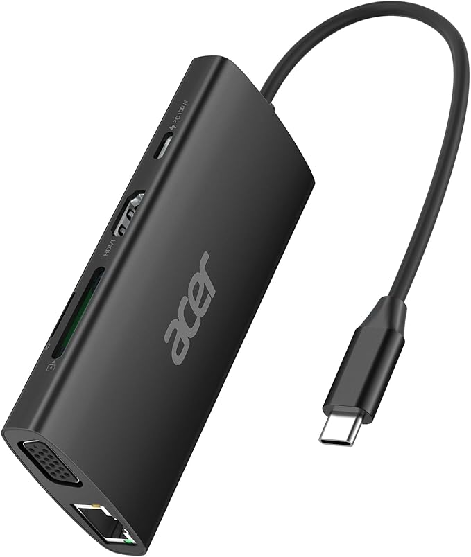 Acer USB C Hub with 4K HDMI, 9-in-1 USB C to Ethernet Adapter, 5Gbps USBA 3.0 Docking Station, VGA Splitter, SD Card Reader, PD 100W Charging for MacBook, Acer, Laptops, Surface and More (Black)