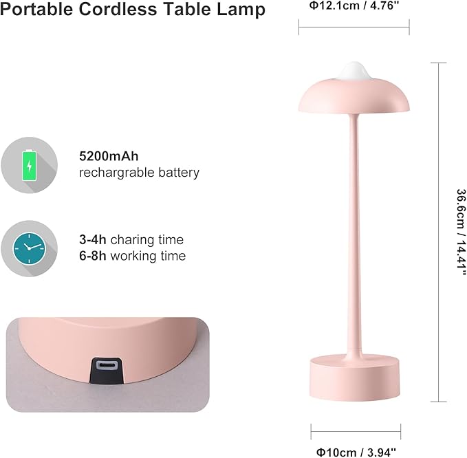 DAWALIGHT LED Rechargeable Table lamp,5200mAh Battery Operated lamp 3 Color Stepless Dimming Cordless Desk Lamp Rechargeable Portable Touch Lamp,Kids Light Night Light for Bedroom,Restaurant,Pink