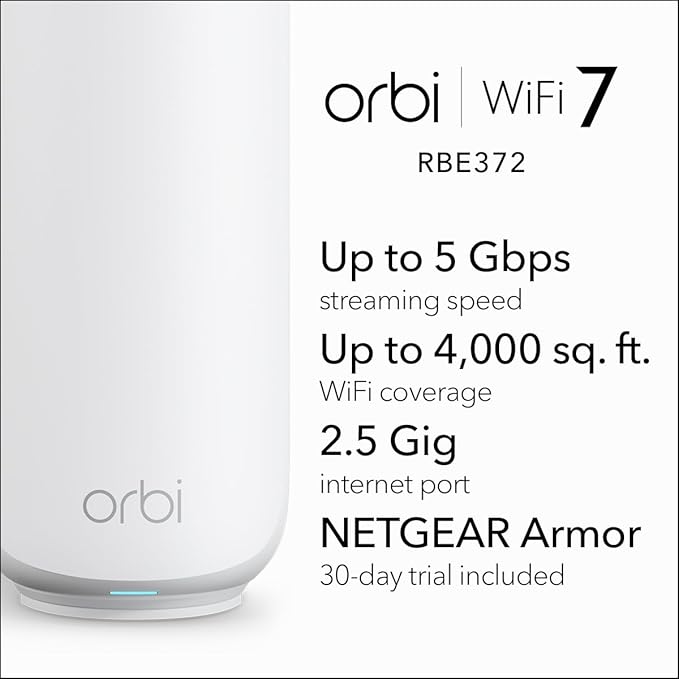 NETGEAR Orbi 370 Series Dual-Band WiFi 7 Mesh Network System for Home (RBE372) – Wireless Router + 1 Extender, Security Features, 5 Gbps, Covers 4,000 sq.ft., 70 Devices, 2.5GB Internet Port, BE5000