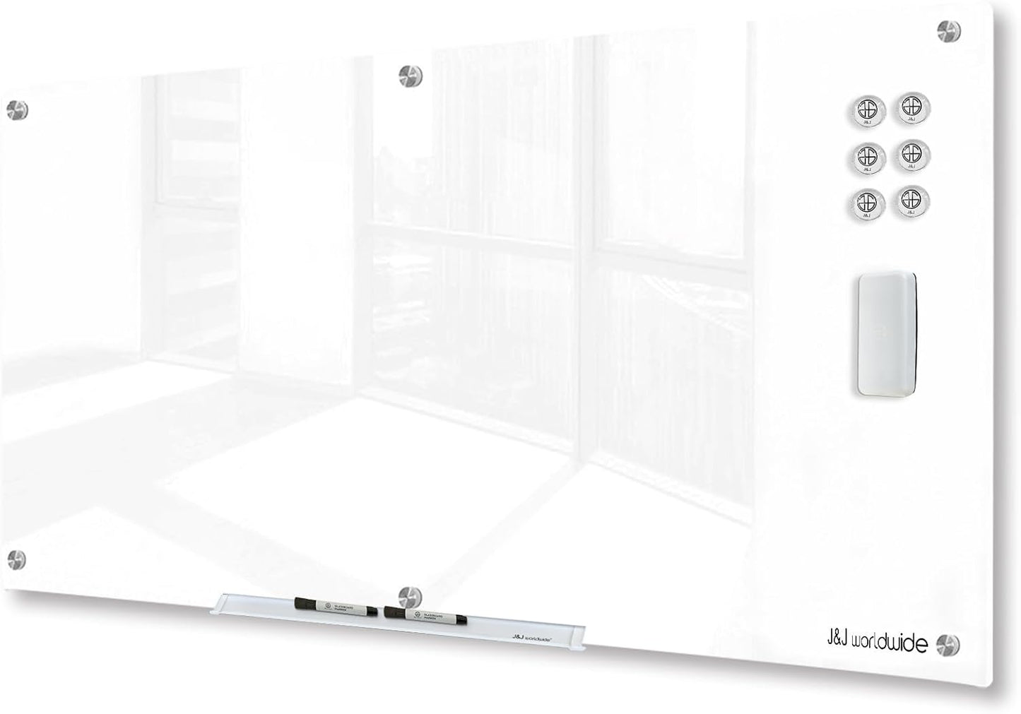 J&J worldwide Glass Whiteboard, Magnetic Brilliance White Glass Dry Erase Board 6' x 4', Includes Markers, Marker Tray, Eraser for Wall, Office, Home, School