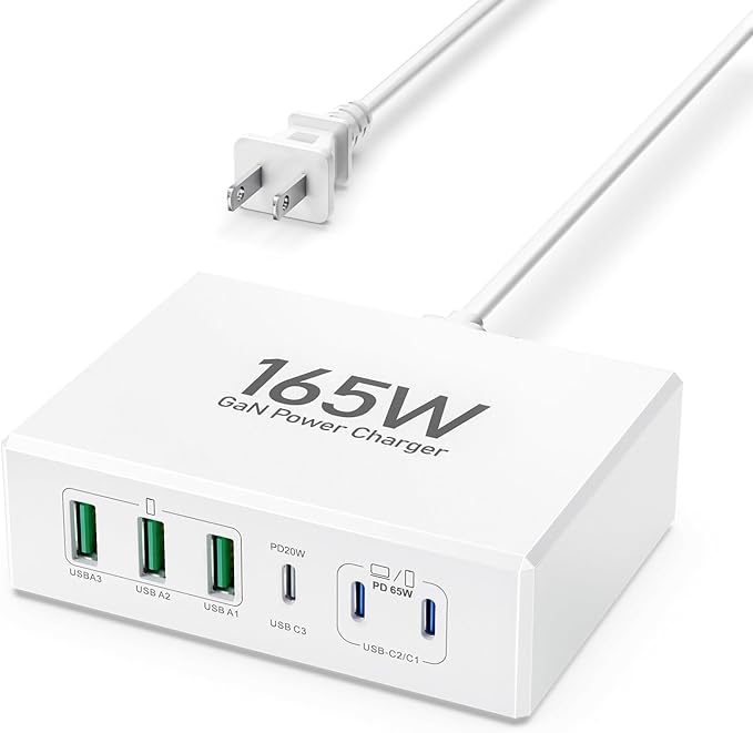 165W USB C Charging Station Hub, 6 Port PD GaN Fast Wall Charger Block Type C Laptop Power Adapter Charger Cube Brick for MacBook Pro/Air,iPad Pro,iPhone 13 14 15 16 17, AirPods4，watch10 ultra2