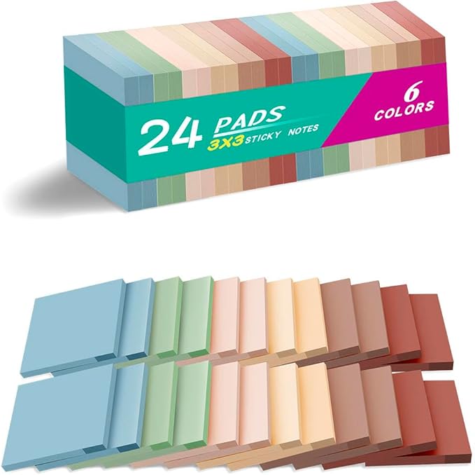 (24 Pads) Sticky Notes 3x3 inch, Self-Stick Pads Vintage Colors Sticky Note, Recyclable, Easy to Stick for Home, Office, Notebook