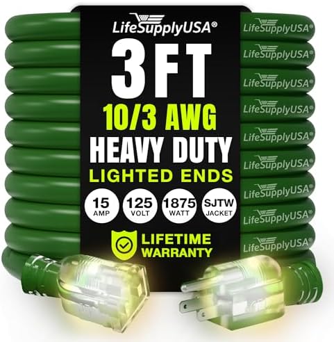 3ft Outdoor/Indoor Extension Cord 10/3 Gauge Ultra Heavy Duty 3 Prong SJTW, Waterproof, Flexible Cold-Resistant Long Power Cord,15A 125V 1875W, Green by LifeSupplyUSA