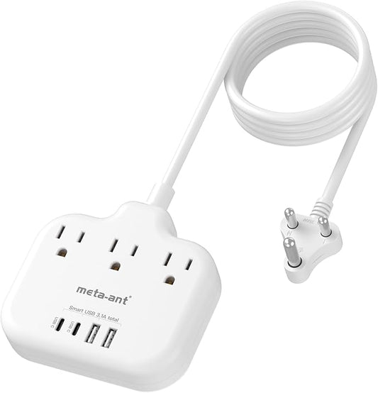 US to India Plug Adapter, meta-ant India Power Adapter with 3 American Outlets 4 USB Charger Ports(2 USB C), 5FT India Extension Cord, Type D Travel Adapter for USA to India Bangladesh Maldives Nepal