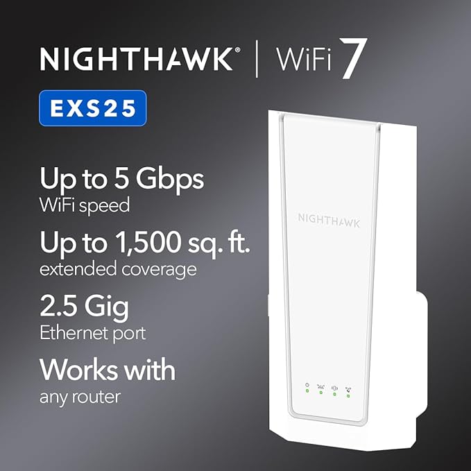 NETGEAR WiFi 7 Range Extender (EXS25) – BE5000 Dual-Band Wireless Signal Booster & Repeater (up to 5 Gbps Speed) - Add up to 1,500 sq. ft., 45 Devices - WPA3 Security, Smart Roaming