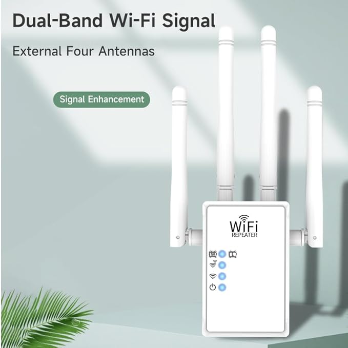 WiFi Extender WiFi Repeater 1200Mbps (AC1200) Dual Bands Signal Booster for 5000 sq.ft and 68 Devices, Big External Antenna x 4, RJ45 Port x 2, WiFi Range Amplifier, Easy 1-tap Setup