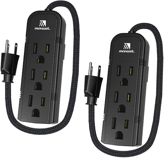 2Pack Small Power Strip Black Outlet - 1FT Heavy Duty Power Extension Cord, Mini Size Portable 3 Outlet Power Strip for Office,Computer,Home Accessories,Travel,ETL Listed (13a/125v/60hz/1625w)